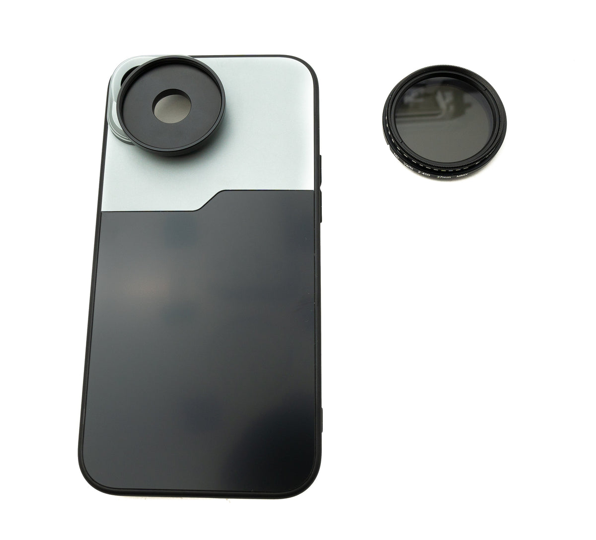 ND Vario Filter 37 mm 2 bis 400 Neutraldichte mit Gewinde Hülle für iPhone 15 Plus | System-S