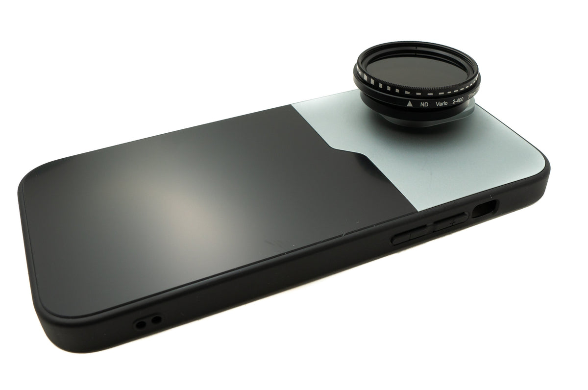 ND Vario Filter 37 mm 2 bis 400 Neutraldichte mit Gewinde Hülle für iPhone 15 Plus | System-S