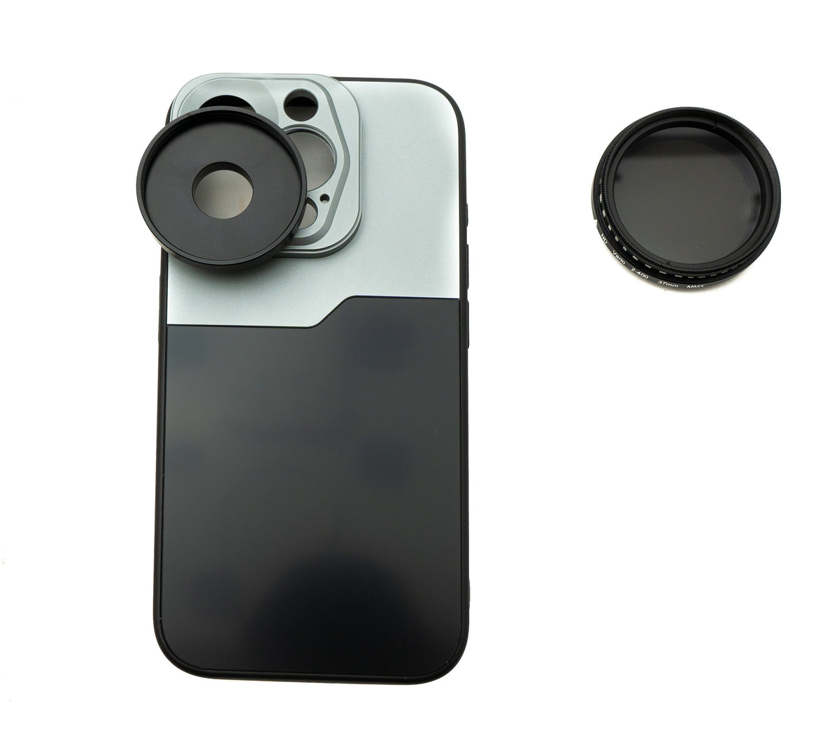 ND Vario Filter 37 mm 2 bis 400 Neutraldichte mit Gewinde Hülle für iPhone 15 Pro | System-S