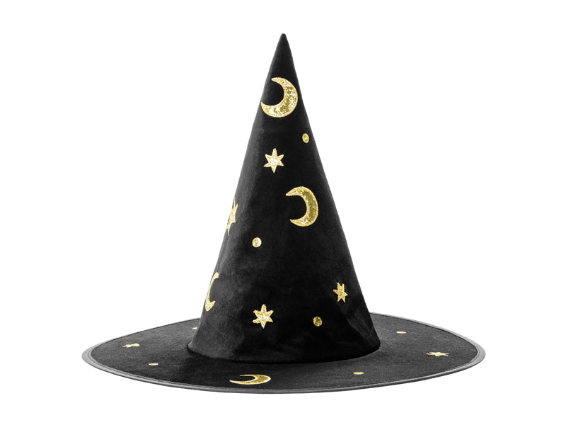 Kinder Hexenhut mit Mond und Sternen | Schwarz Gold