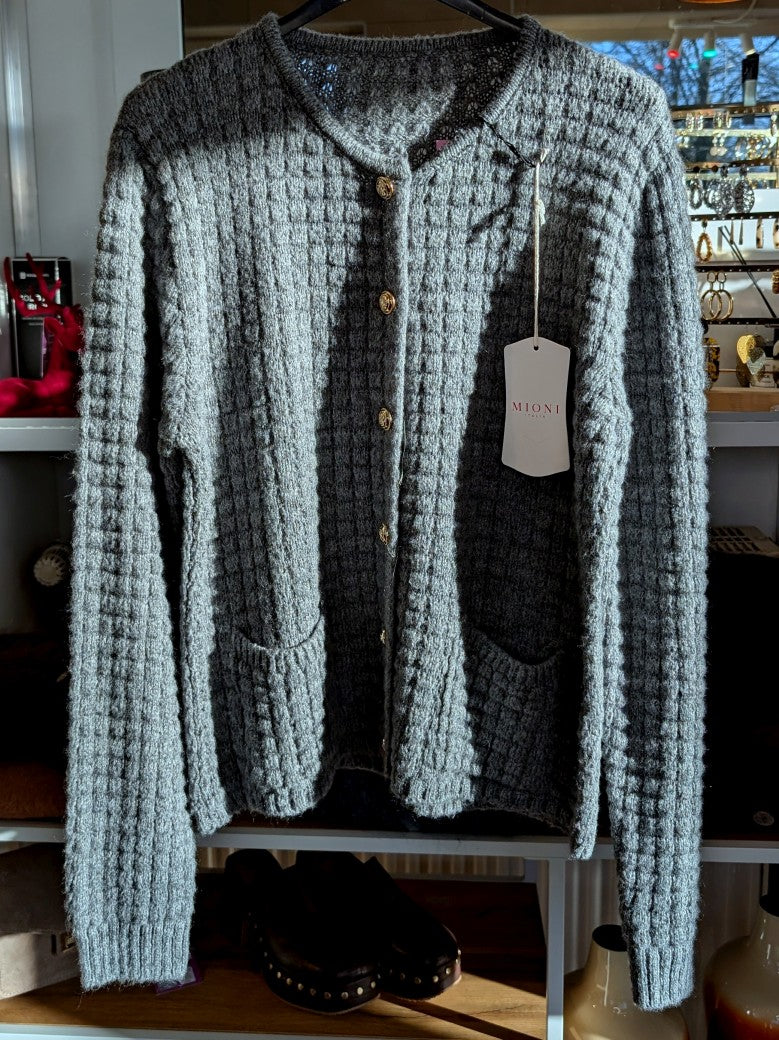 Cardigan Strickjacke Chanel Stil Quadrate Goldknöpfe Grau - One Size U3423