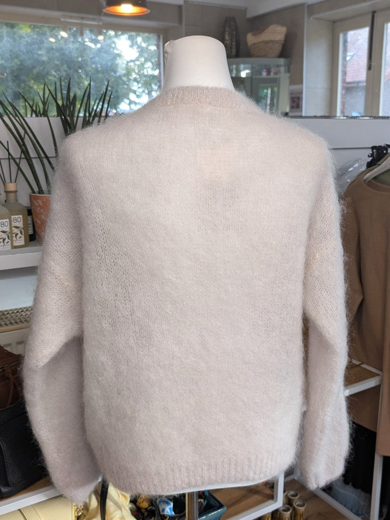 Cardigan Strickjacke 80% Soft Kid Mohair große helle Perlmuttknöpfe Beige One Size - von Mioni Italien 28018