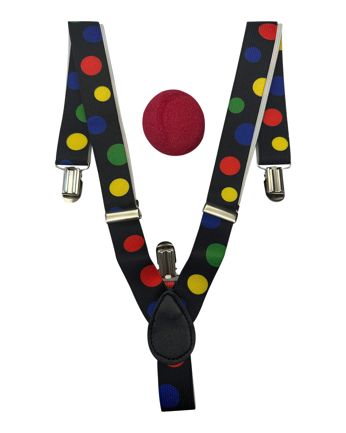 Clown Kostümset "Polka Dot" | Schwarz Bunt - Hosenträger Clownsnase