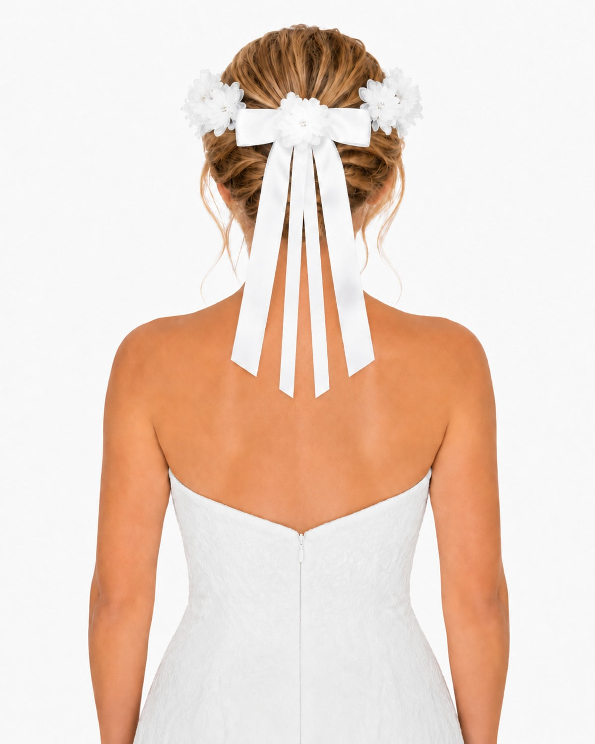 Braut Haarkranz Kisha mit Bändern und Blüten - Weiß