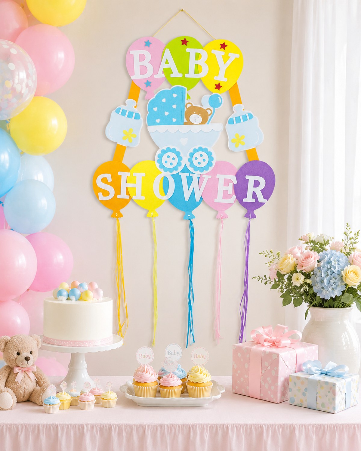 Baby Shower Party Dekoration - XL Wandbild mit Ballons 110 x 56 cm - Blau