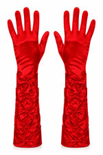 Damen Satin Handschuhe mit Schleifen und Perlen | Rot