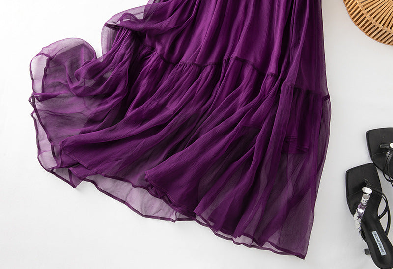 Damen Seidenkleid mit Puffärmeln | Luftsüßes Boho Maxikleid