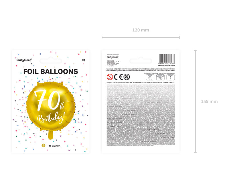 18"/Ø45cm Folienballon "70th Birthday" | Gold