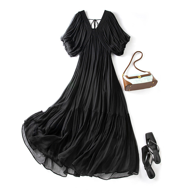 Damen Seidenkleid mit Puffärmeln | Luftsüßes Boho Maxikleid