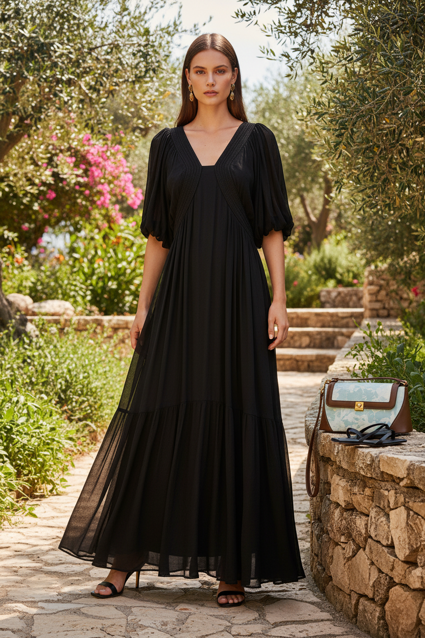 Damen Seidenkleid mit Puffärmeln | Luftsüßes Boho Maxikleid