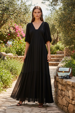Damen Seidenkleid mit Puffärmeln | Luftsüßes Boho Maxikleid