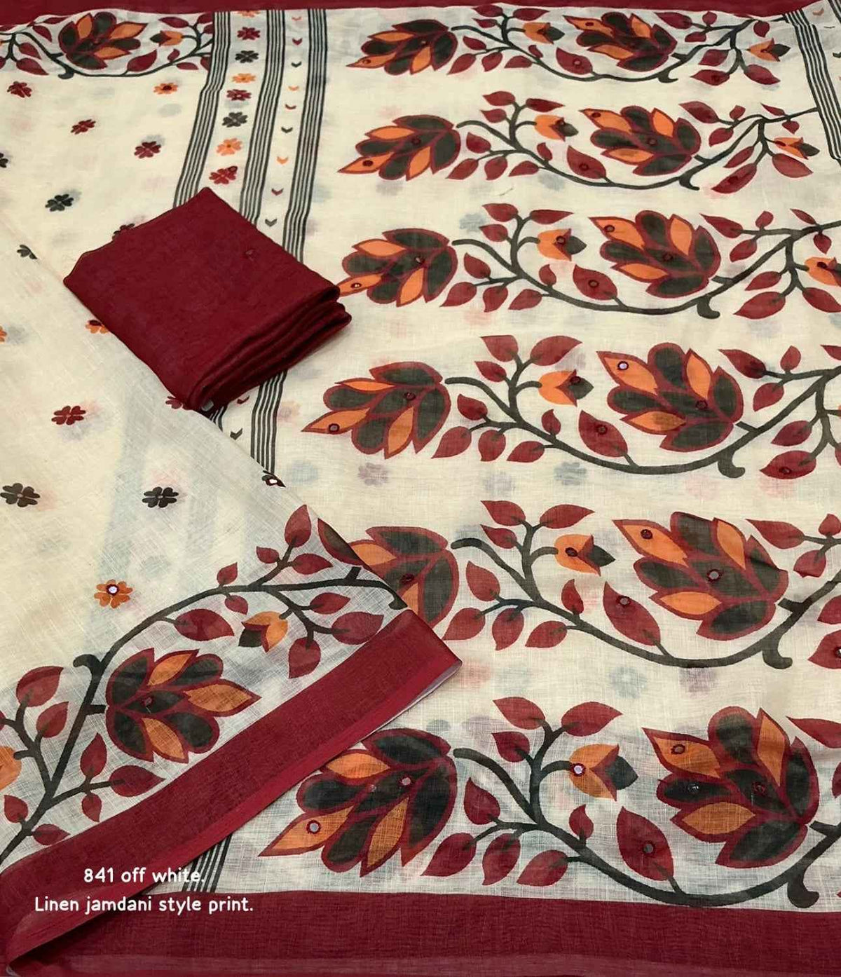 Bengal Jamdani (Phool Buti vertical floral vine motifs,Onam Saree