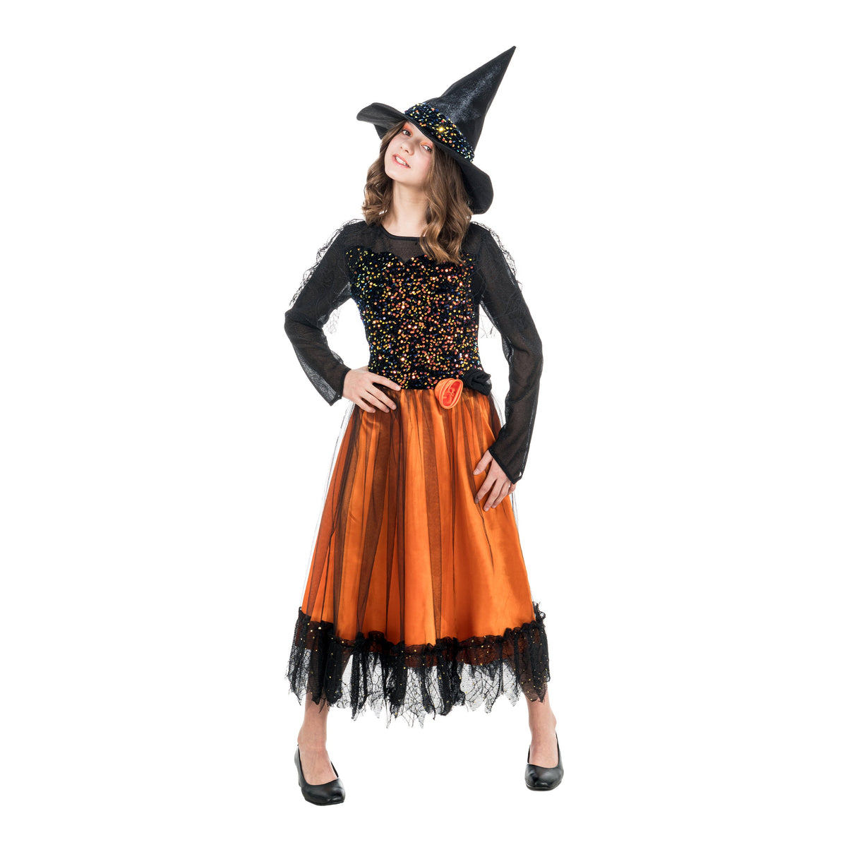 Glitzer Kinder Kostüm "Hexe Lucinda" mit Hut | Schwarz Orange