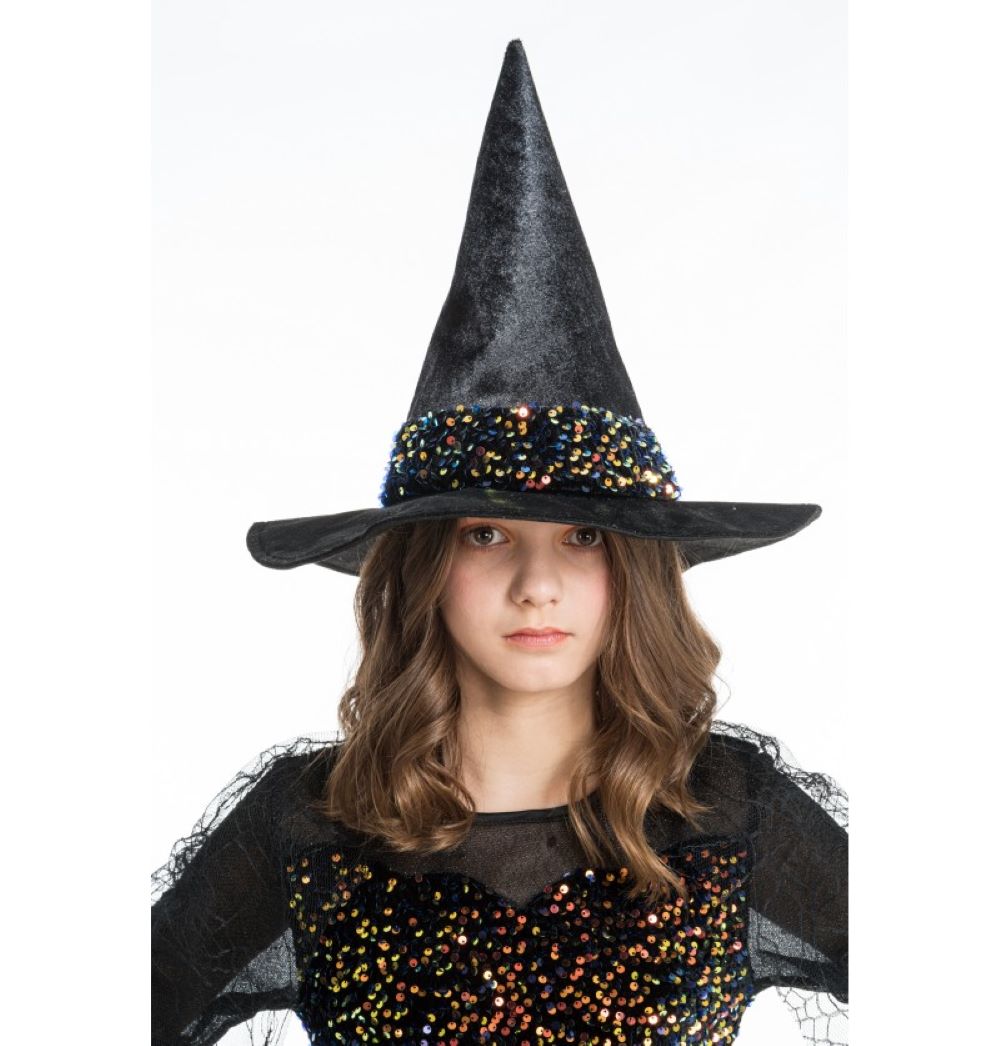 Glitzer Kinder Kostüm "Hexe Lucinda" mit Hut | Schwarz Orange