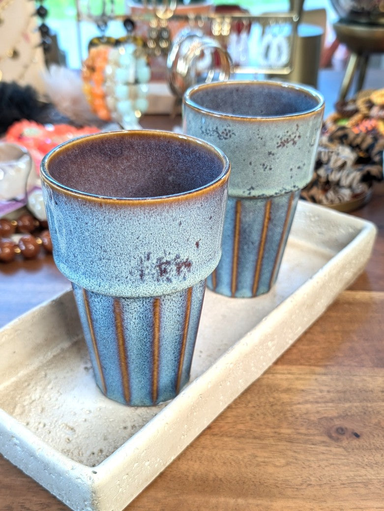 Becher Kaffeebecher Latte Steingut geriffelt Türkis Braun Lila Blau - Handmade
