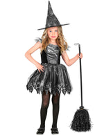 Glitzer Hexe Kinderkostüm 2-teilig - Kleid und Hut | Schwarz-Silber