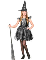 Glitzer Hexe Kinderkostüm 2-teilig - Kleid und Hut | Schwarz-Silber