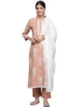 Camel Brown Printed cotton Straight kurta set in berlin
