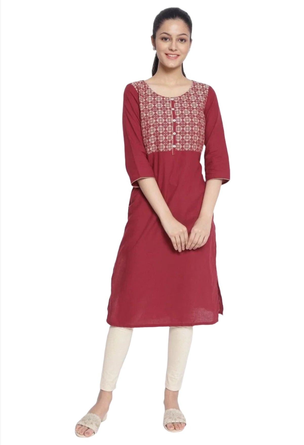 Maroon Round Neck Printed Kurta in Hamburg