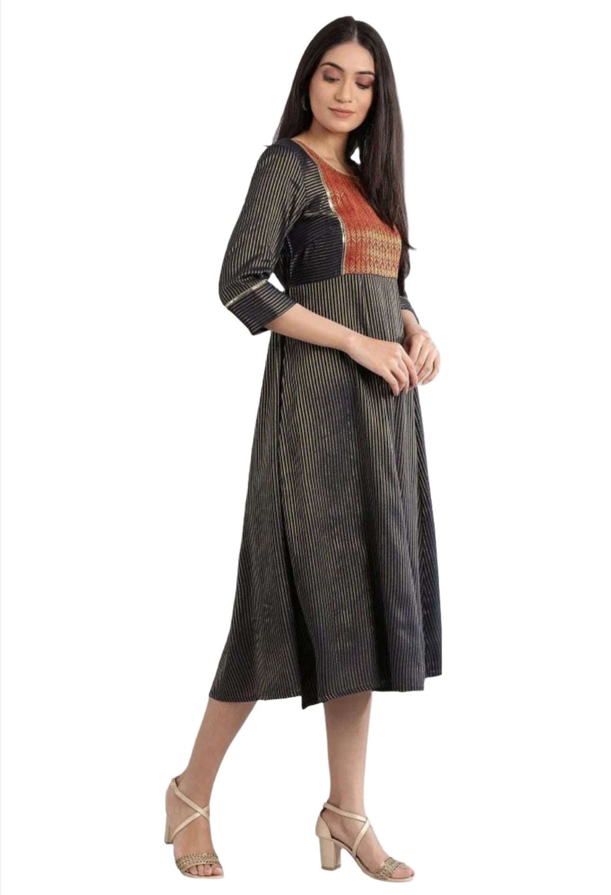 Navy Round Neck Printed flared dress in berlin Namma Markt