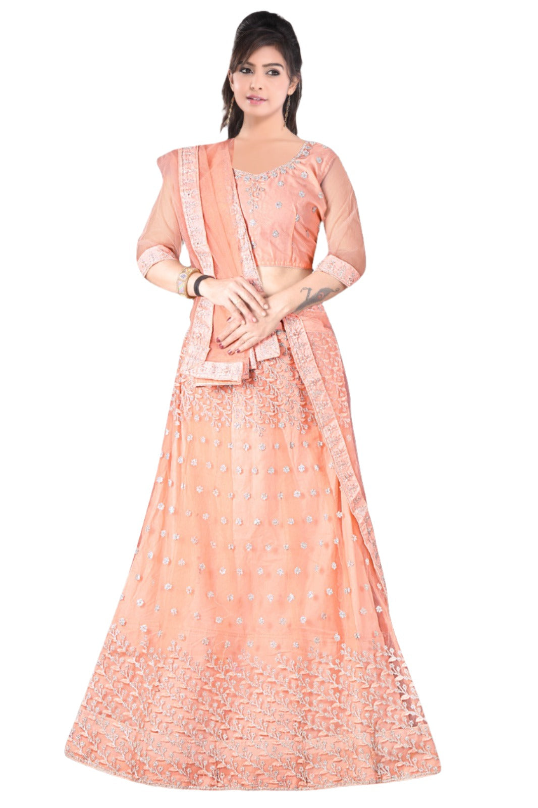 Tittle:-   Complete Stitched Embroidered Lehenga Choli In Germany (Peach )/Bridal Lehenga In Germany