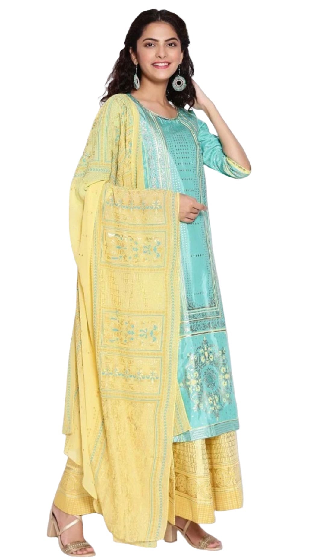 Mint leaf Green kurta yellow semi flared plazzo dupatta set in Germany