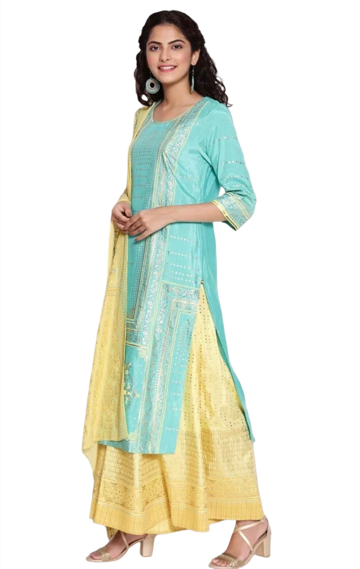 Mint leaf Green kurta yellow semi flared plazzo dupatta set in Germany