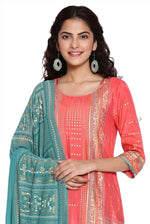 Peach Printed straight Kurta-plazzo-dupatta set in Berlin