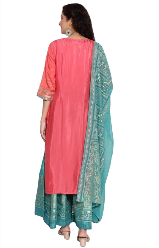 Peach Printed straight Kurta-plazzo-dupatta set in Berlin