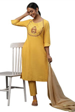 Yellow embroided kurta plazzo Golden dupatta set in Poland