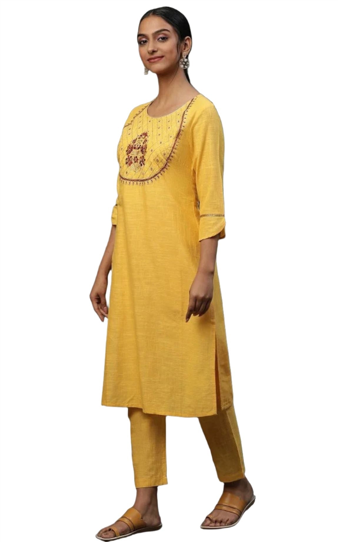 Yellow embroided kurta plazzo Golden dupatta set in Poland
