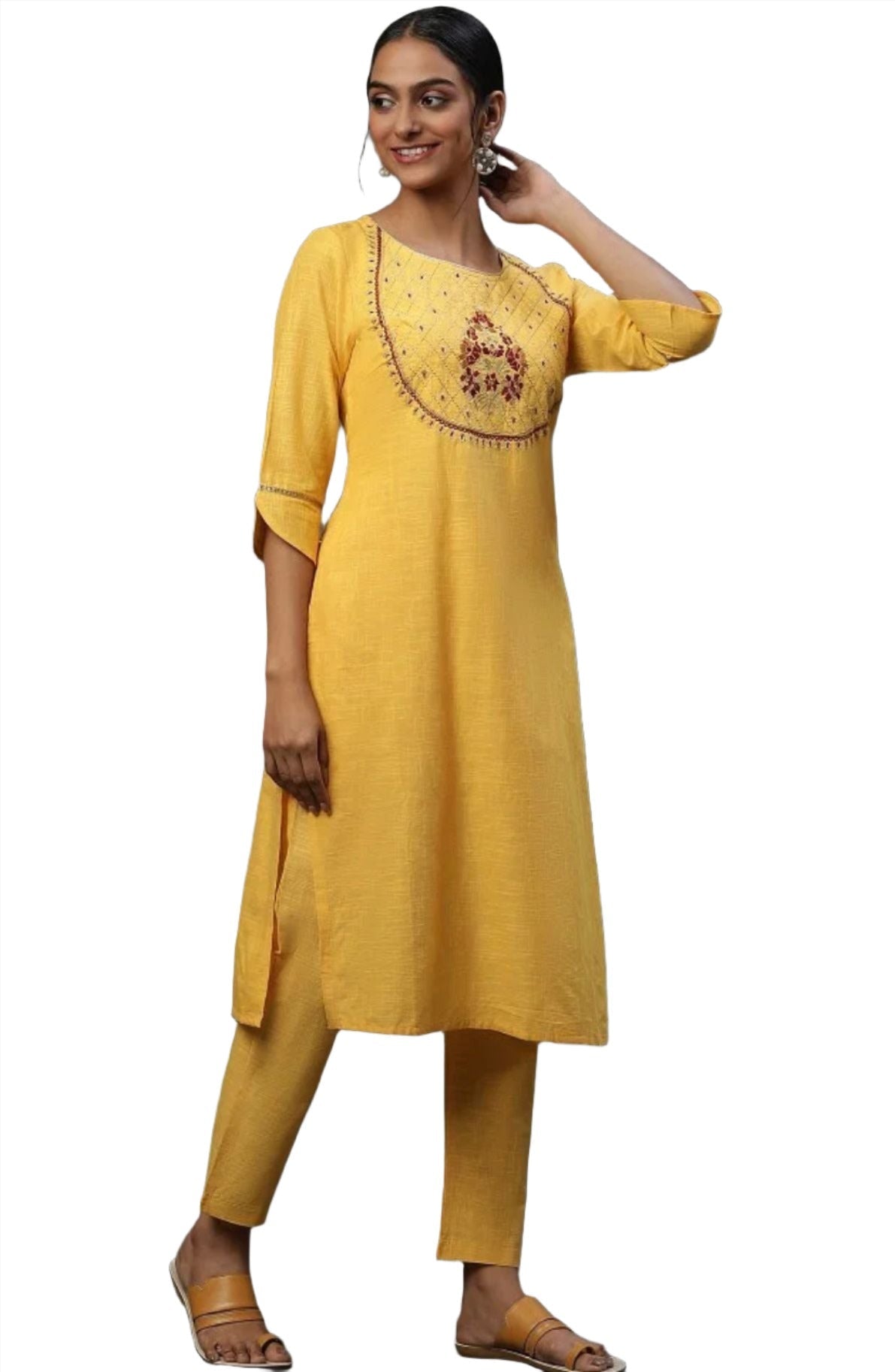 Yellow embroided kurta plazzo Golden dupatta set in Poland