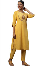 Yellow embroided kurta plazzo Golden dupatta set in Poland