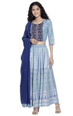 Blue Printed crop Top skirt dupatta set in berlin