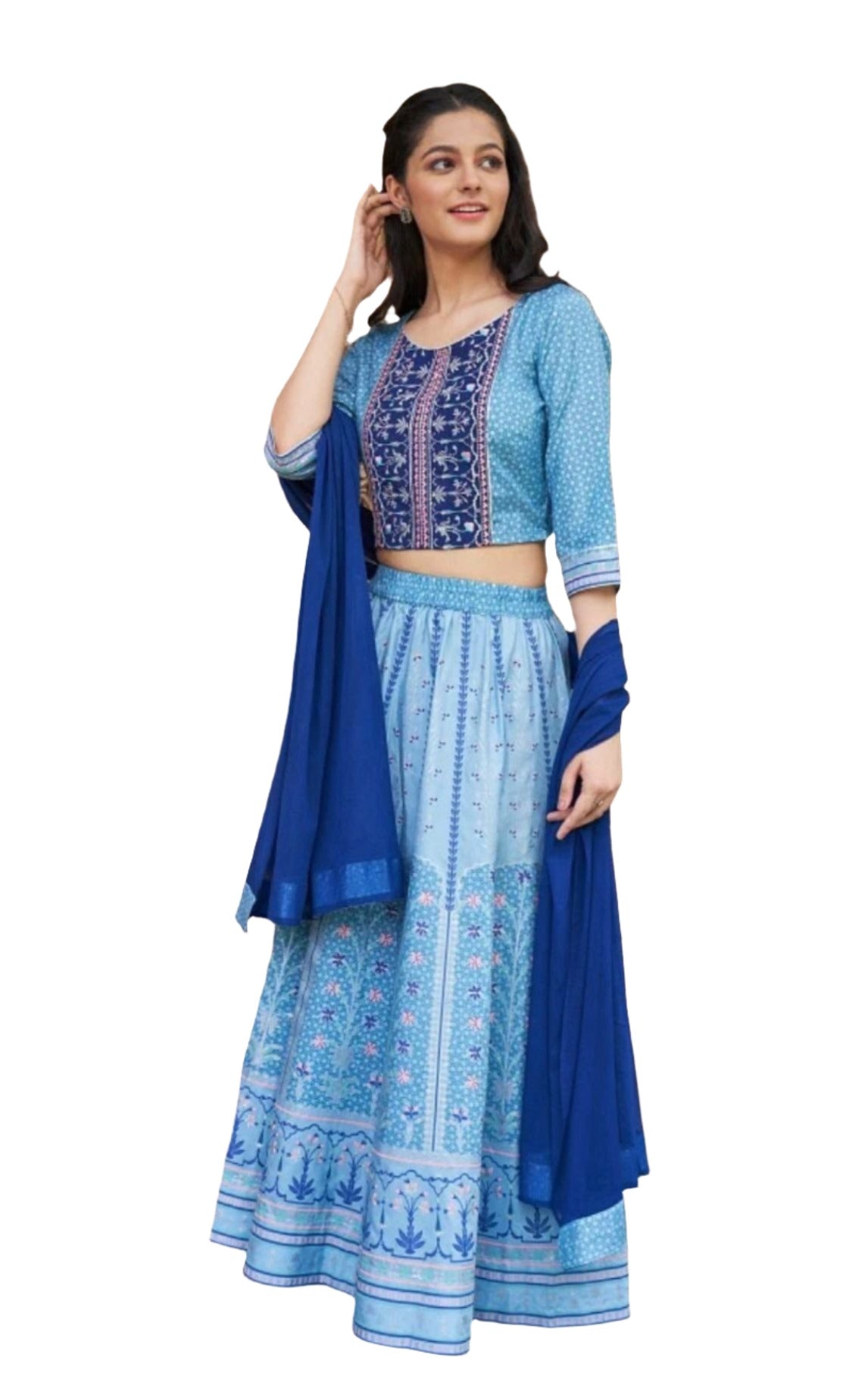 Blue Printed crop Top skirt dupatta set in berlin