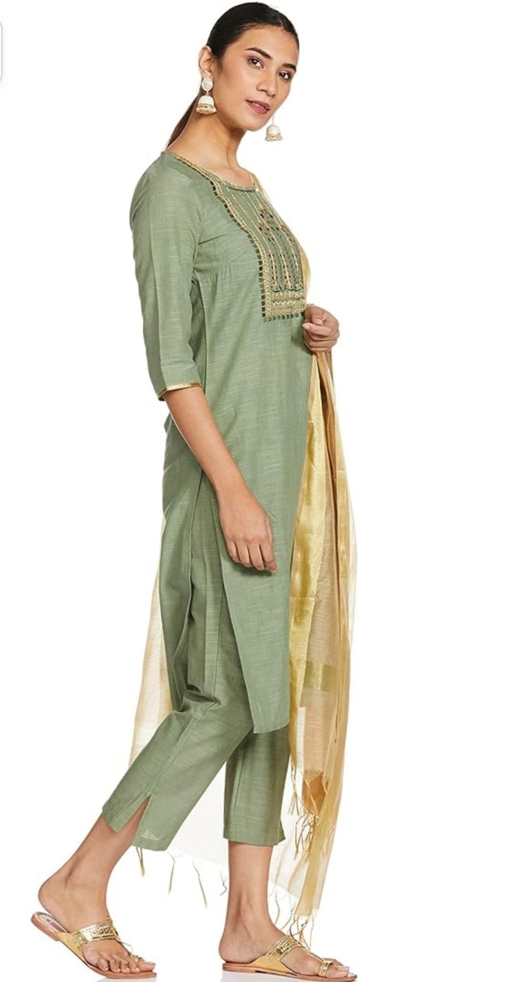 Cotton Green solid Round neck straight kurta set Germany