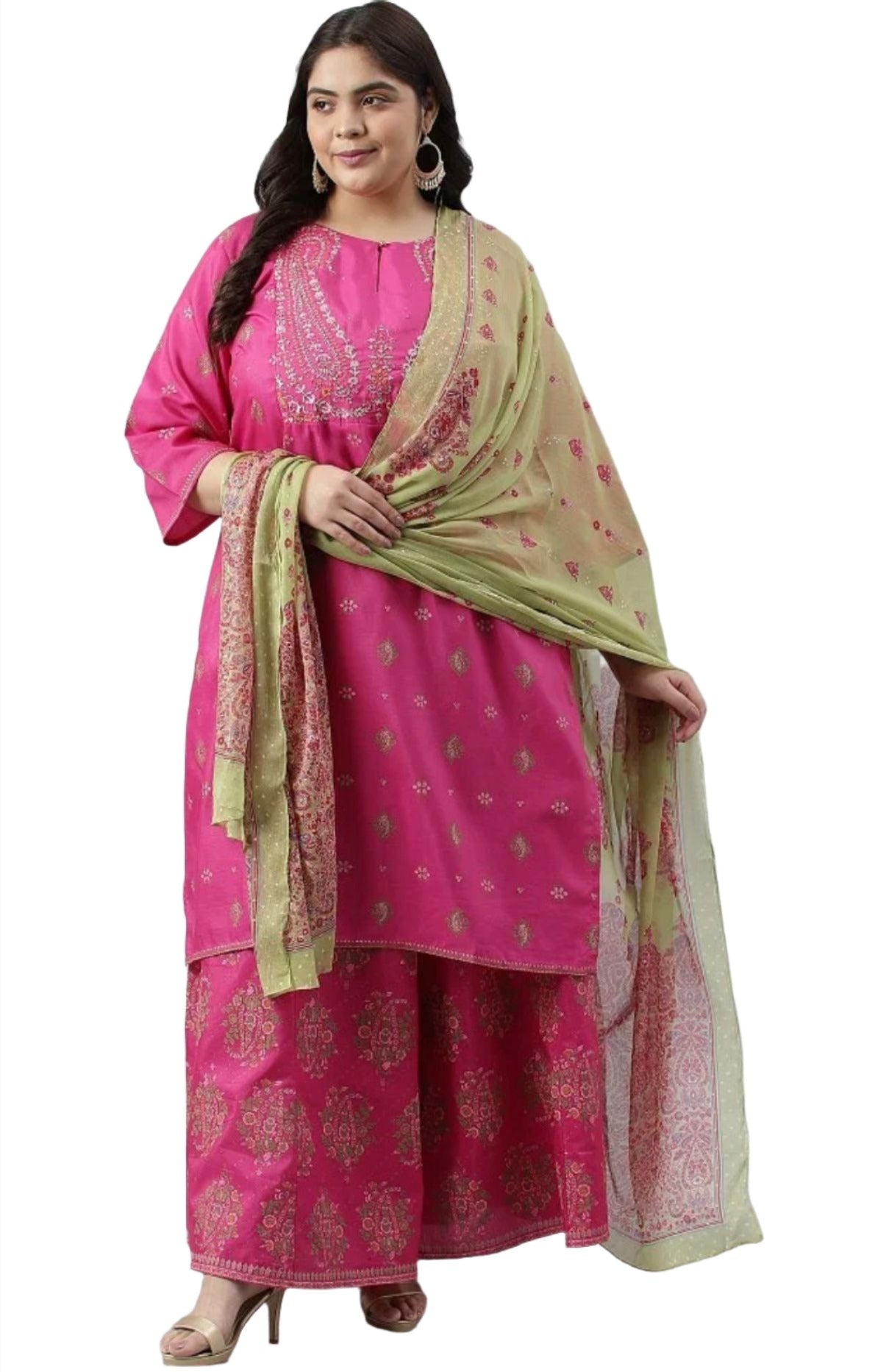 Pink Printed kurta with culottes and Green dupatta set in Poland