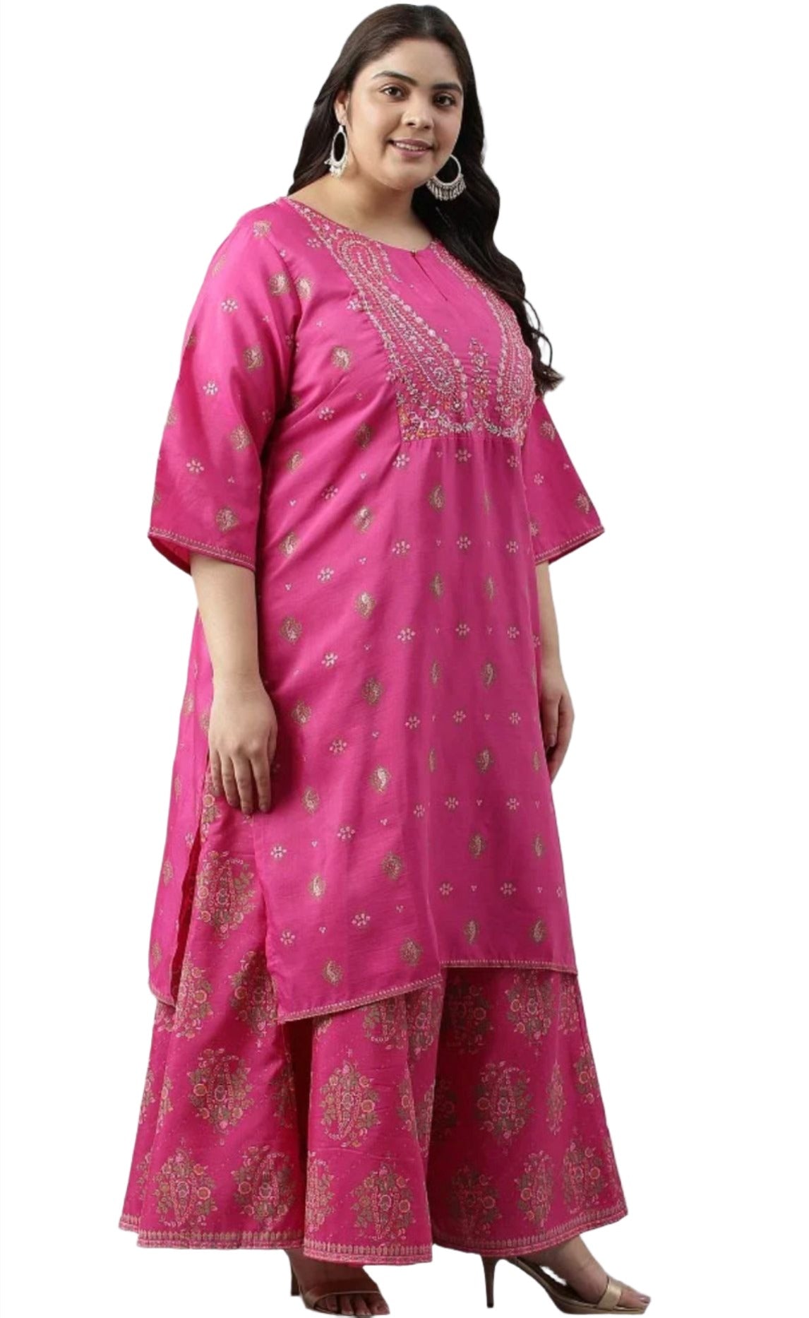 Pink Printed kurta with culottes and Green dupatta set in Poland