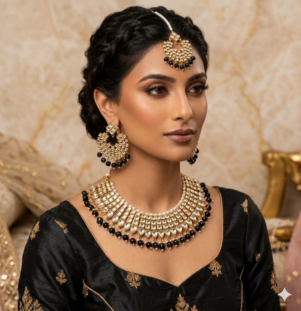 Gold Plated  Kundan Studded Choker Necklace Earrings & Maang Tikka Set (Copy)