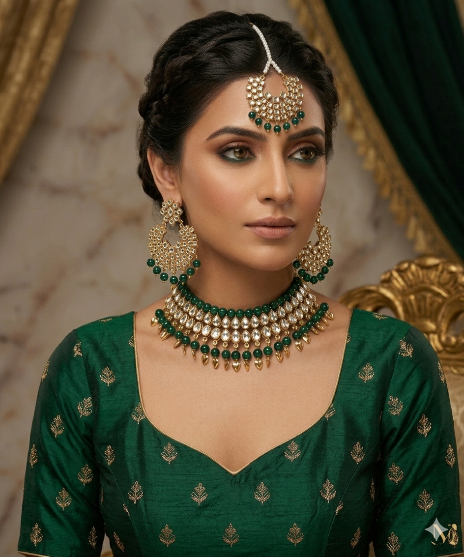 Gold Plated  Kundan Studded Choker Necklace Earrings & Maang Tikka Set