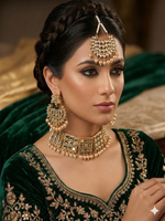 Gold Plated  Kundan Studded Choker Necklace Earrings & Maang Tikka Set