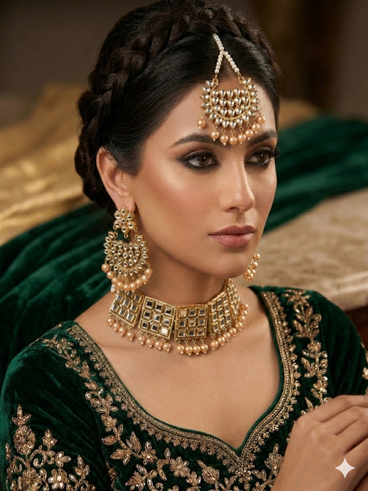Gold Plated  Kundan Studded Choker Necklace Earrings & Maang Tikka Set