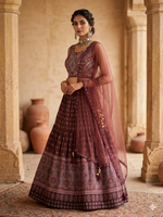 BROWN RESHAM EMBROIDERED CREPE LEHENGA WITH NET DUPATTA