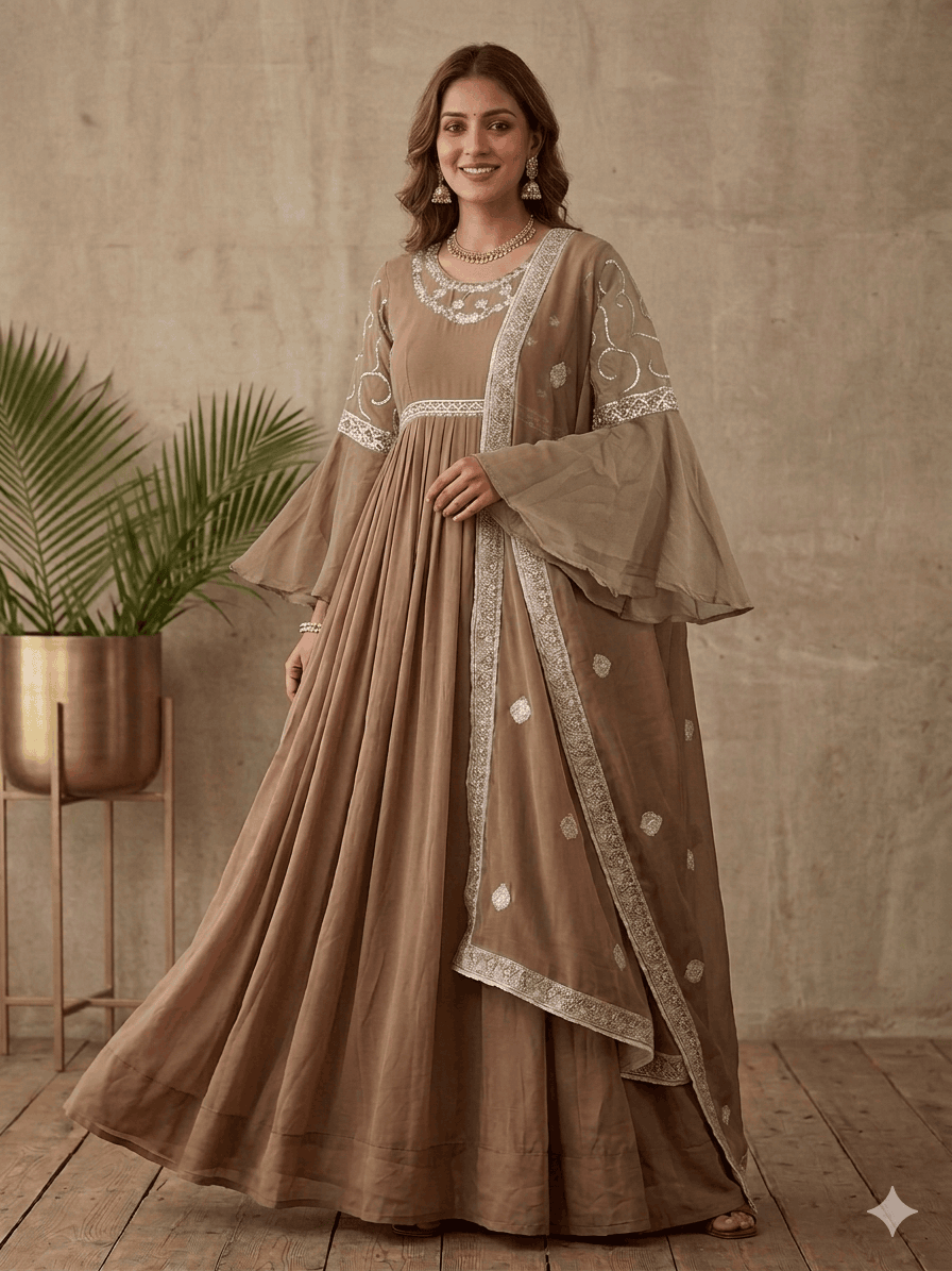 Brown Faux Georgette Anarkali Gown With Foil Embroidery Work