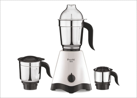Preethi Plastic Elite Plus Black Mixer Grinder, 600 Watt, White-Black, 3 Jars