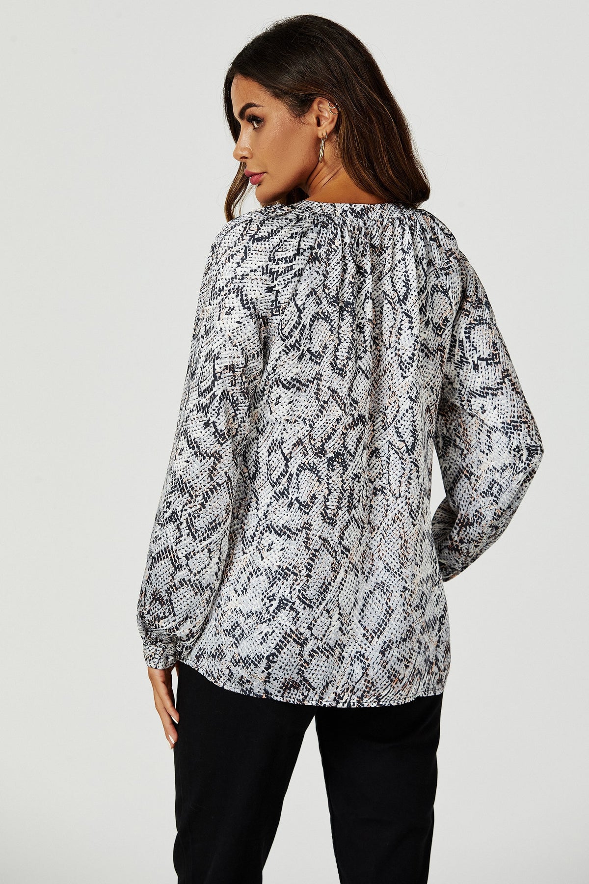 Satin Snake Print long sleeve Blouse Top In Grey
