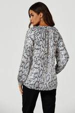 Satin Snake Print long sleeve Blouse Top In Grey