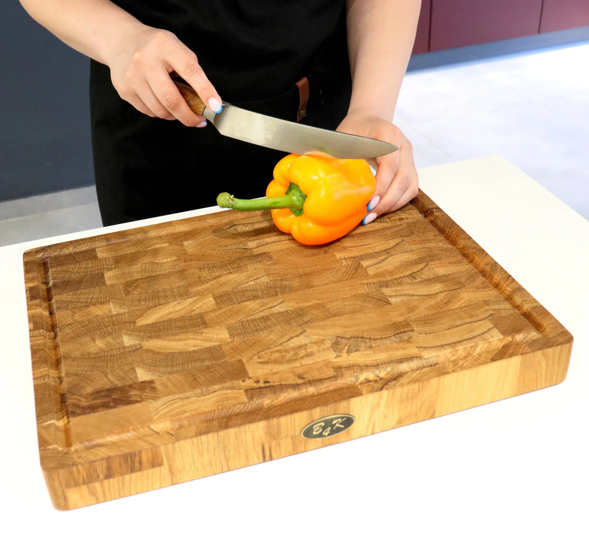 Stirnholz Schneidebrett Eiche 40x30x4cm – Mit Saftrille & Griffen