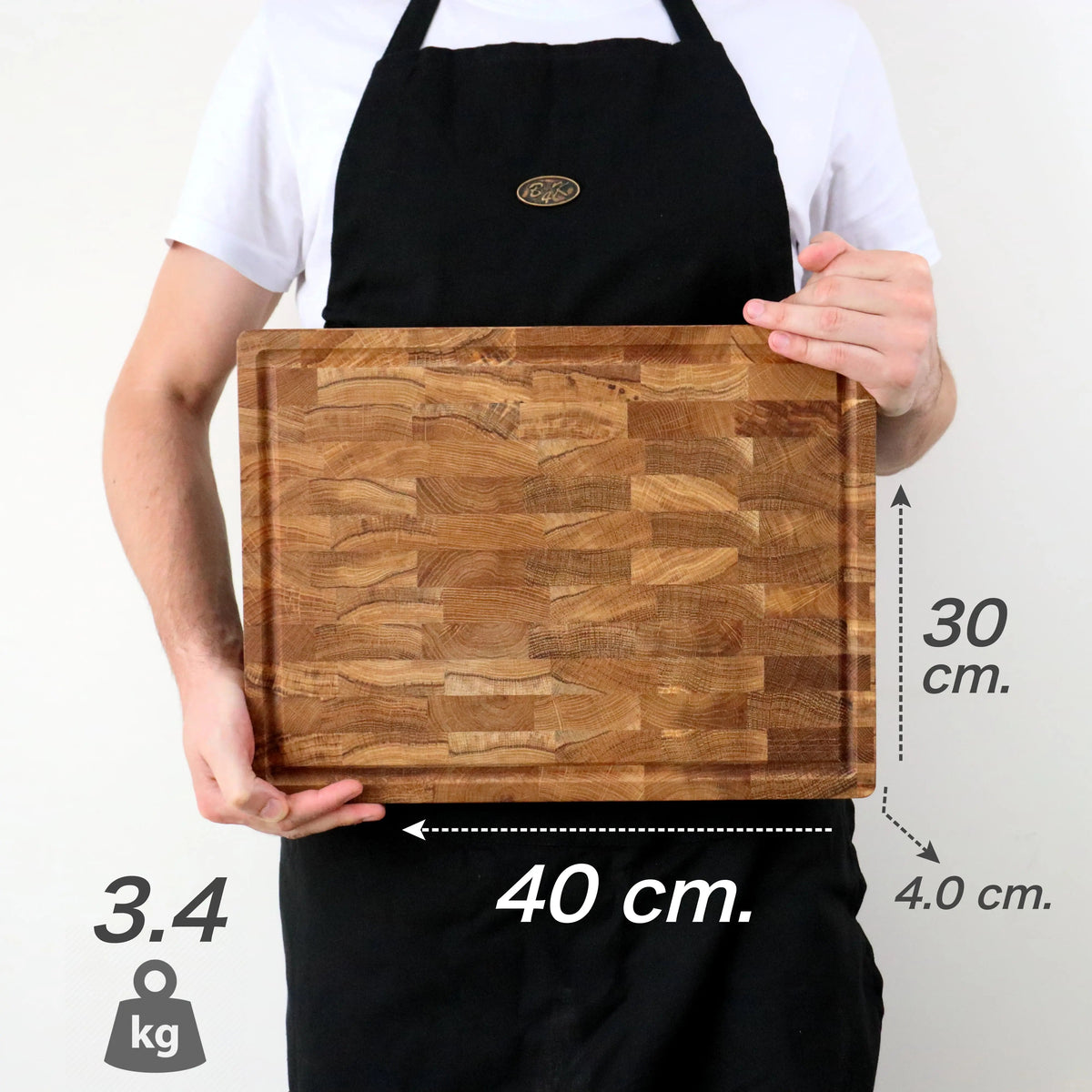 Stirnholz Schneidebrett Eiche 40x30x4cm – Mit Saftrille & Griffen