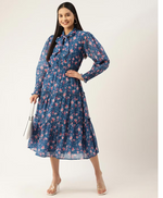 Blue Floral Printed Smocked Detailed Tiered Georgette Fit & Flare Dress in Berlin